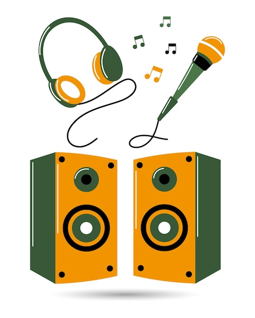 Concert microphone, headphones and speakers, musical instruments. Yellow green design. Illustration