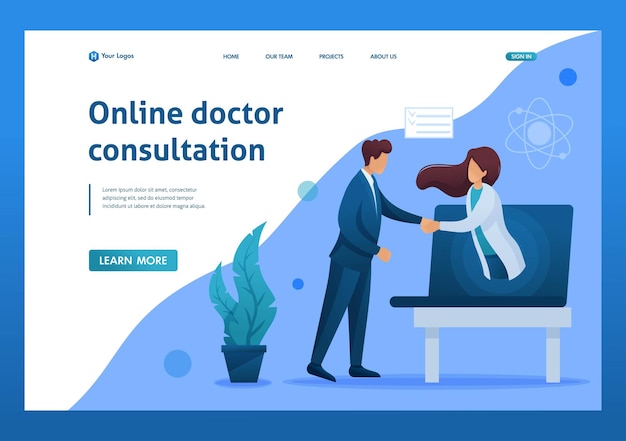 Conclusion of the contract for online consultation of the doctor Flat 2D character Landing page concepts and web design