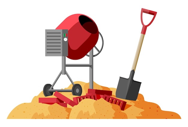 Vector concrete mixer shovel and bricks in pile of sand under construction design banner isolated on white background construction and building materials and equipment cartoon flat vector illustration