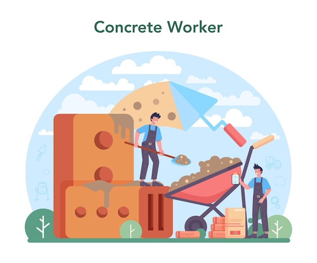 Vector concrete worker concept professional builder preparing concrete with tools and cement process of house building and foundation construction isolated flat vector illustration