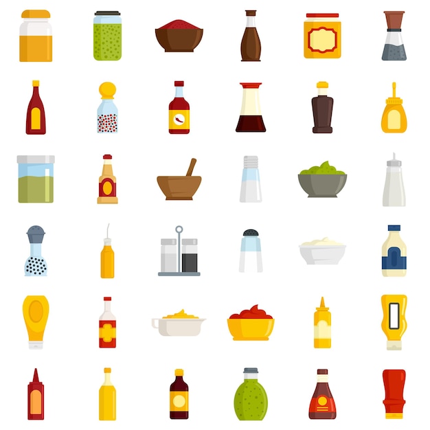 Condiment icons set. Flat set of condiment vector icons isolated on white background