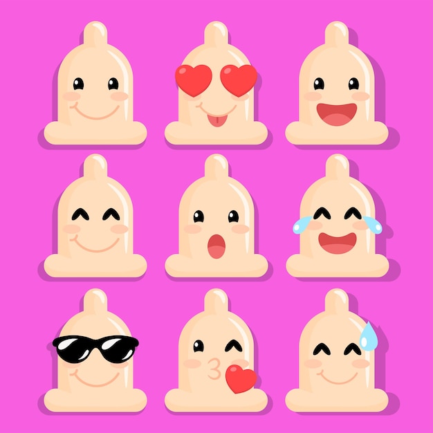 Condom emoji set Funny cartoon emoticons