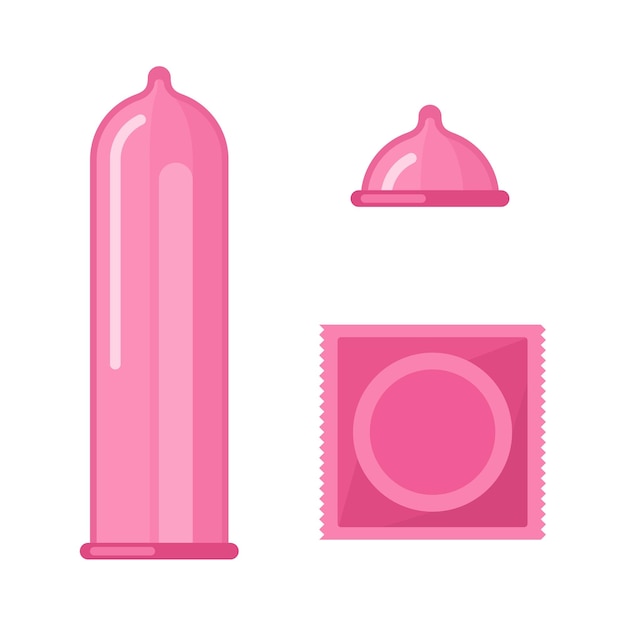 Condom and packages icon set isolated on white background Sealed and open latex condoms Contraception method for safe sex Sexual protection vector illustration