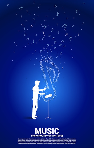 conductor and music melody note dancing flow . Concept background for song and concert theme.