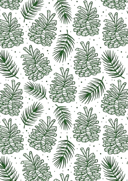 Cone with spruce branch, pine tree element seamless pattern