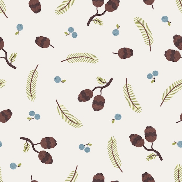 Cones, berries and pine branches, Seasonal autumn seamless pattern. Vector illustration