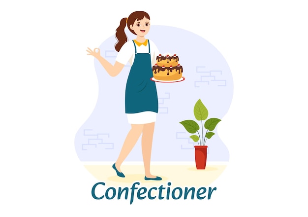 Confectioner Vector Illustration with Chef Wearing Apron Preparing Dessert and Pastry in Templates