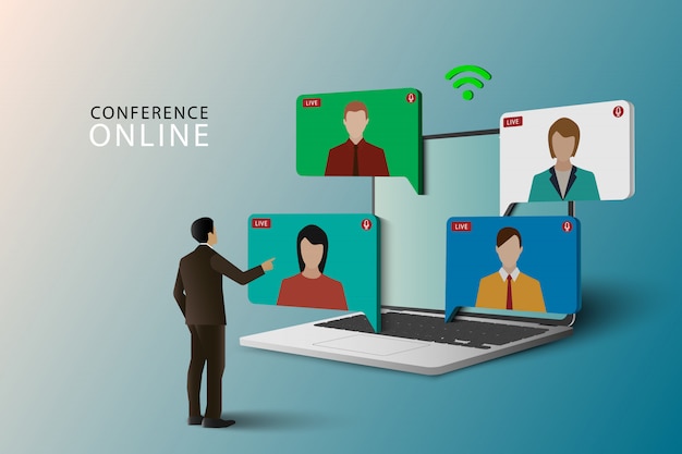 Conference meeting online concept. Live meeting on laptop. Video meeting online.Video conference landing. Live conferencing and online meeting workspace  .