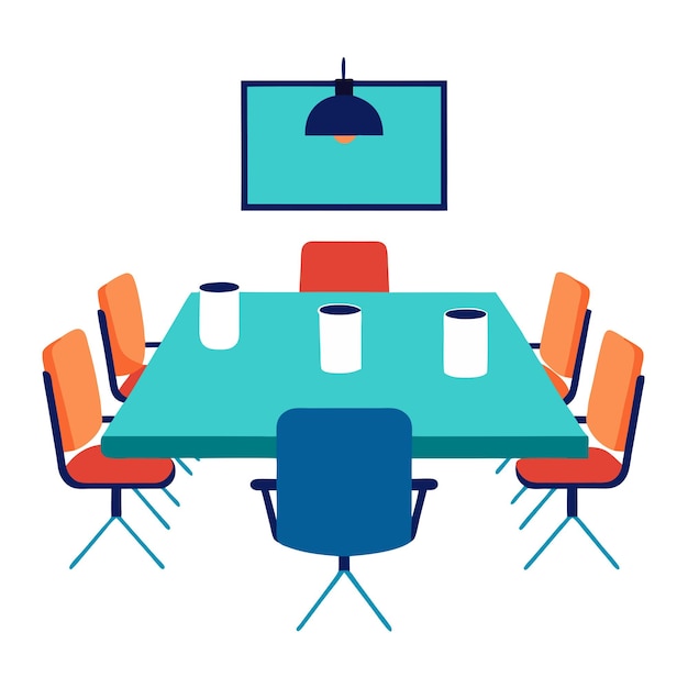 Vector conference room setup vector illustration with table chairs and meeting essentials