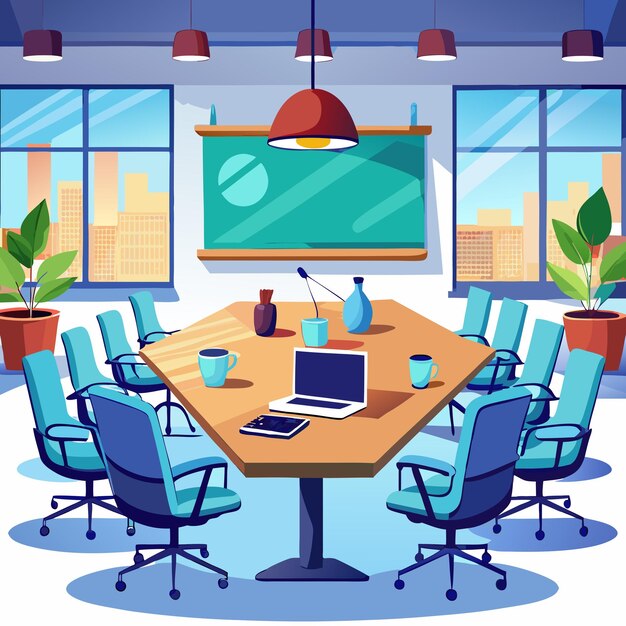 Vector conference room setup vector illustration with table chairs and meeting essentials