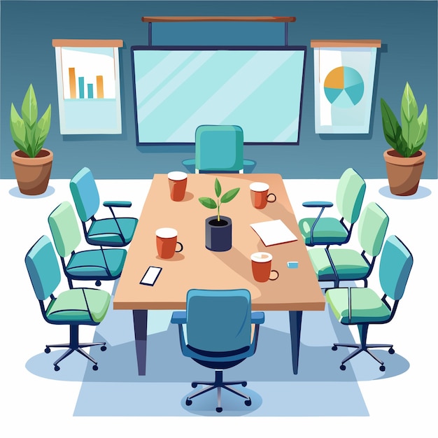 Vector conference room setup vector illustration with table chairs and meeting essentials