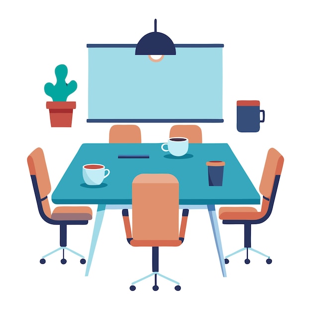 Vector conference room setup vector illustration with table chairs and meeting essentials