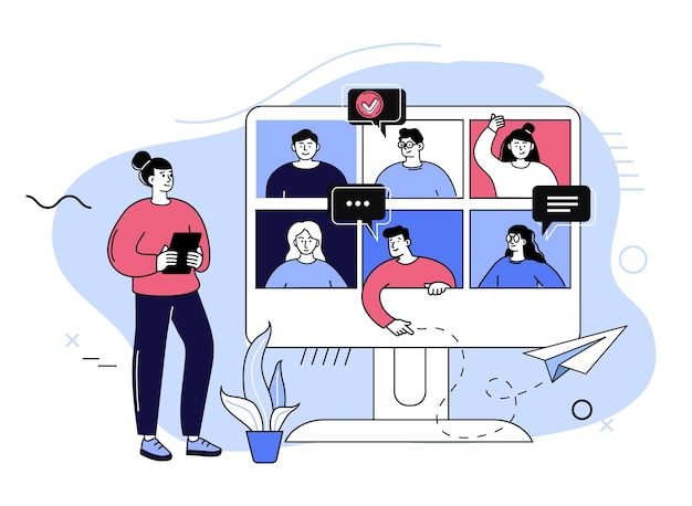 Conference video call. Group video call and virtual meeting concept, people talking to each other on monitor screen. Remote communication concept flat vector illustration