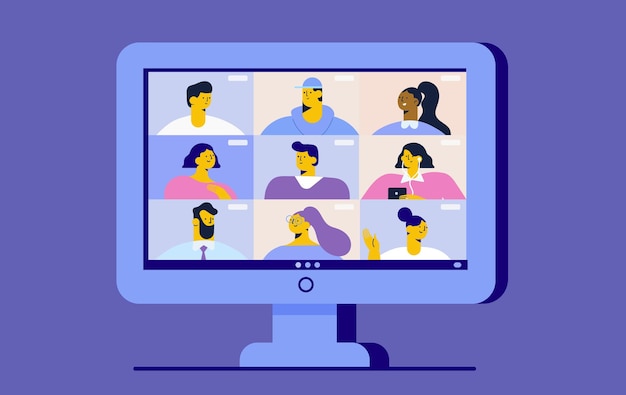 Conference video call people on monitor screen flat vector