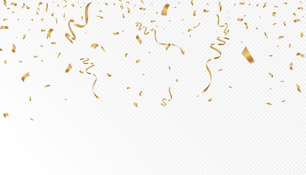 Confetti on a transparent background. Falling shiny golden confetti. Bright golden festive tinsel.