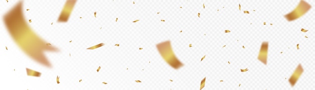 Confetti on a transparent background. Falling shiny golden confetti. Bright golden festive tinsel.