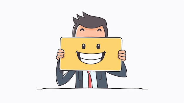 Vector confident businessman holding and hiding behind card with smile