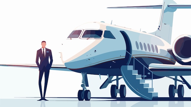 Vector confident businessman standing by private jet success and wealth