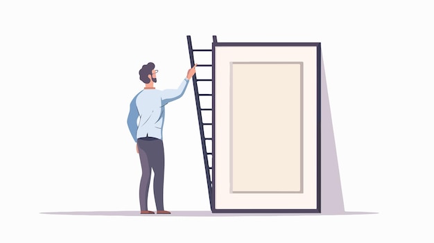 Confident Businessman Standing on Ladder and Pointing at Picture