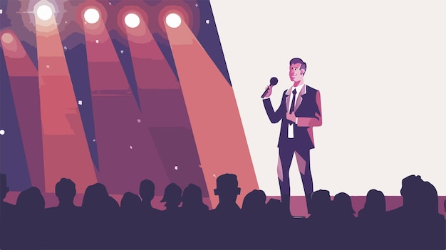 Vector confident businessman standing on stage reporting to audience