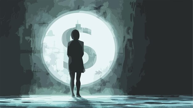 Vector confident businesswoman standing in darkness with euro symbol