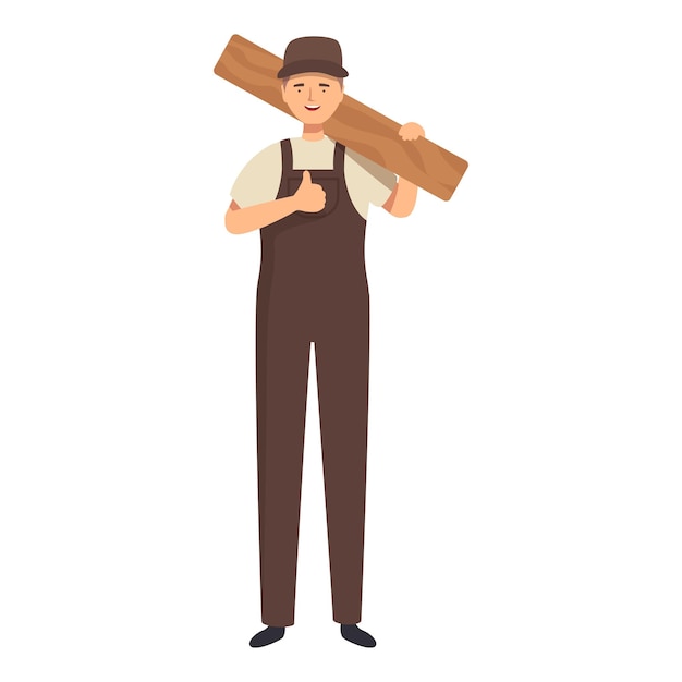 Vector confident carpenter holding wooden plank and showing thumb up gesture