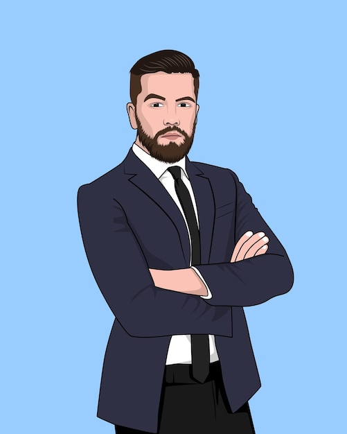 Confident corporate beard professional man with a black suit and tie cartoon vector illustration