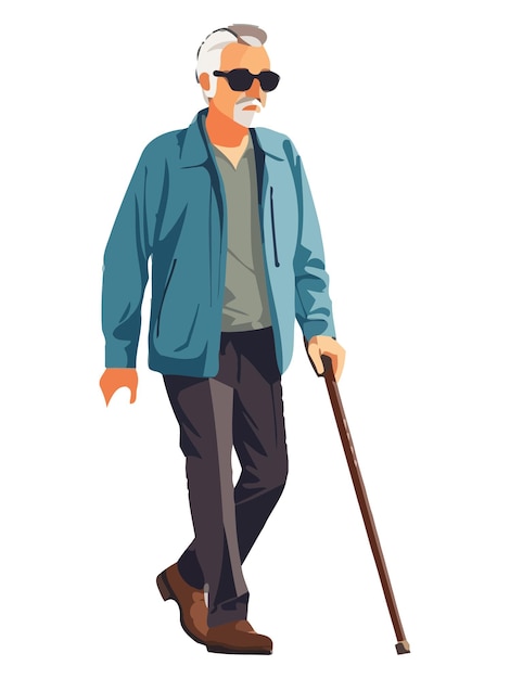 Vector confident elderly man walks with a cane illustrating independence and mobility