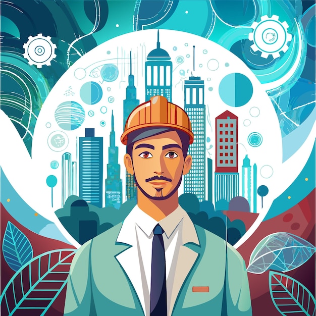 Vector a confident engineer in a cityscape with gears and nature elements