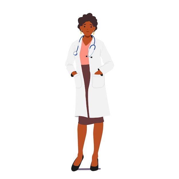 Confident Female Doctor Character With Arms Casually Tucked In Robe Pockets Exuding Professionalism Vector Illustration