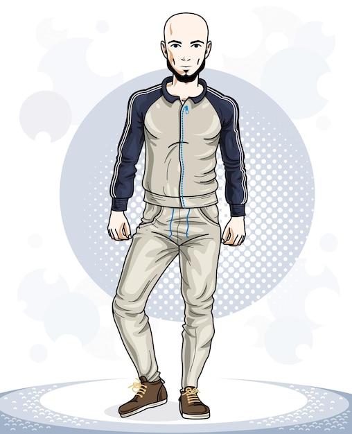 Confident handsome bald young sporty man standing. Vector illustration of male with beard and wearing sport clothes, sport style.