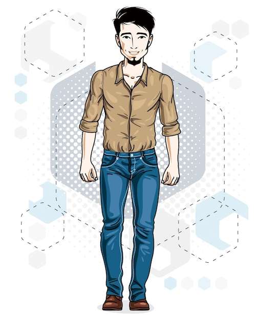 Vector confident handsome brunet young man standing. vector illustration of male with beard wearing casual clothes, jeans pants and cotton shirt.