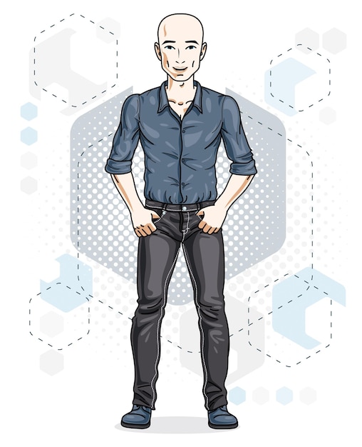 Confident handsome hairless young man standing. Vector illustration of male wearing casual clothes, jeans pants and cotton shirt.