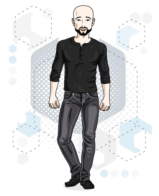 Confident handsome hairless young man standing. Vector illustration of male with beard and whiskers wearing casual clothes, jeans pants.