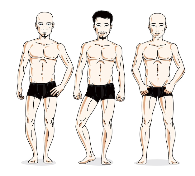 Confident handsome men posing in black underwear. Vector people illustrations set.