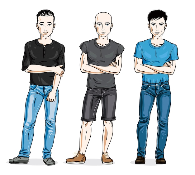 Confident handsome men posing wearing fashionable casual clothes. Vector people illustrations set. Lifestyle theme male characters.