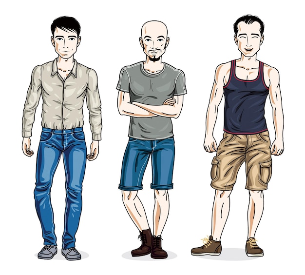 Confident handsome men posing wearing fashionable casual clothes. Vector people illustrations set.