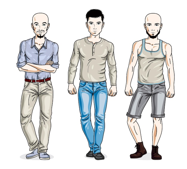 Confident handsome men posing wearing fashionable casual clothes. Vector people illustrations set.