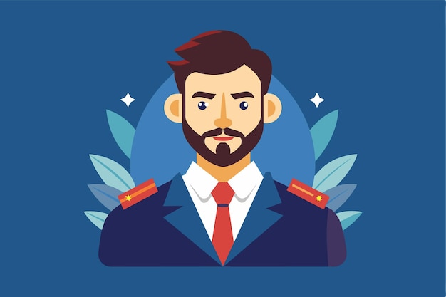 Vector a confident leader in a formal uniform with a stylish beard set against a modern backdrop leader customizable semi flat illustration