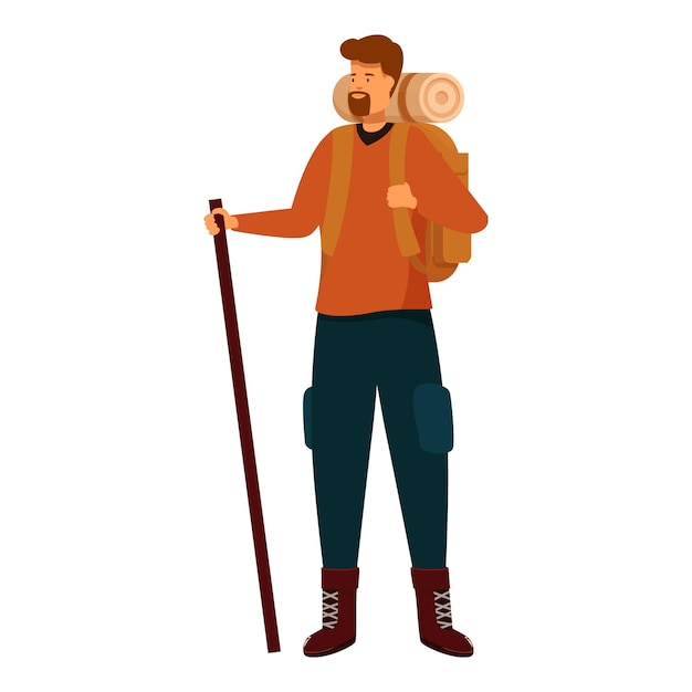 Vector confident male hiker holding hiking pole preparing for expedition