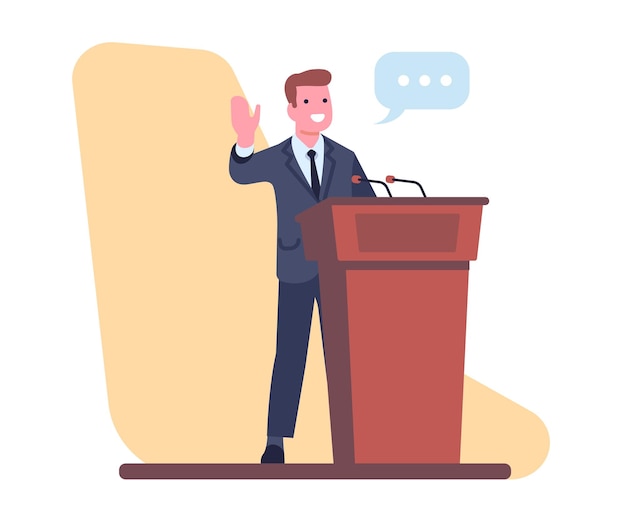 Confident male speaker gives public speech behind podium Political leader Man standing at tribune President or government election Candidates podium Business conference Vector concept