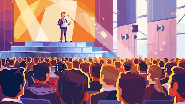 Vector confident male speaker giving speech on stage