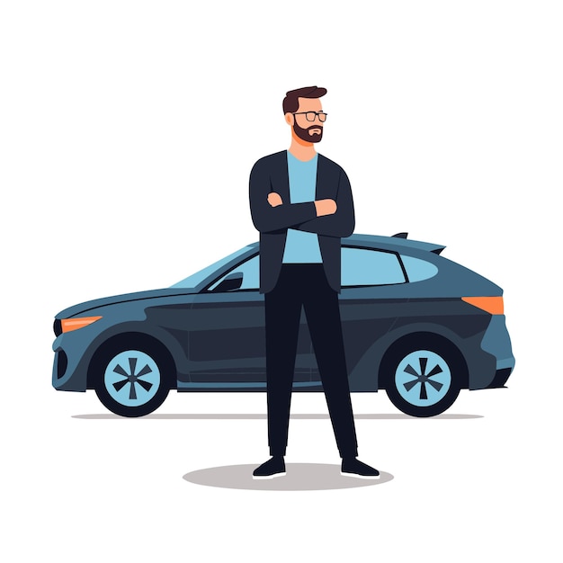 Confident man stands next to the car Vector illustration