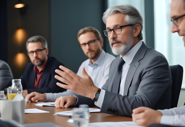 Vector confident mature businessman leading a meeting with his team in the office boardroom explaining new business strategies