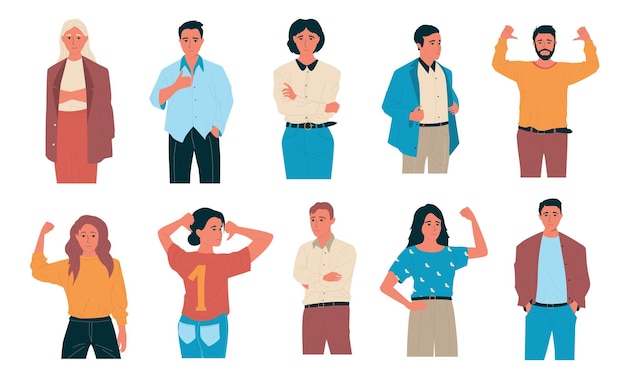 Confident people Happy cartoon students and office characters Standing successful workers with selfaffirmative gestures Smiling men and women achieved goals Vector team leaders set