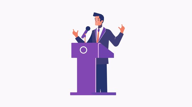 Vector confident speaker behind podium happy businessman speaking professionally