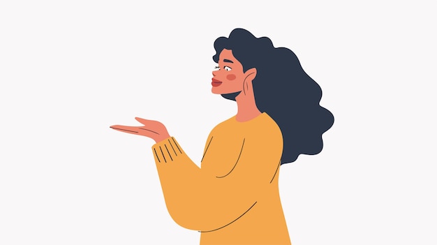 Vector confident woman presenting something in hand with mixed media flat design