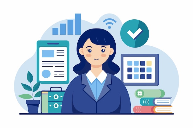 A confident woman wearing a business suit stands with various productivity tools and graphs in the background representing a collaborative work environment focused on success