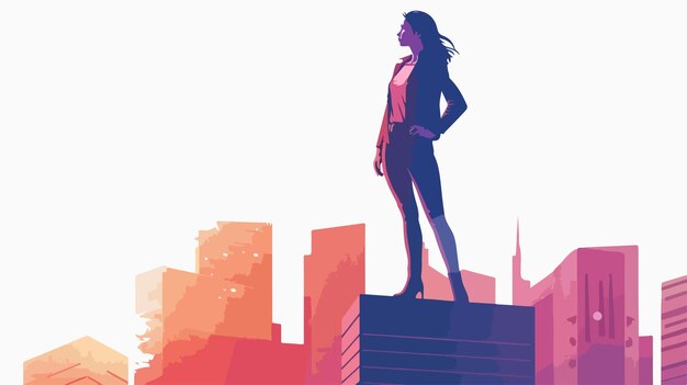 Vector confident young businesswoman standing on top of building