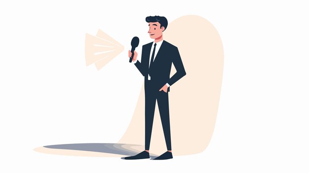 Vector confident young male public speaker with microphone addressing an audience